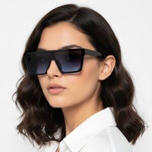Oversized Black Blue Gradient Lens Women's Square Flat Top Sunglasses One Size